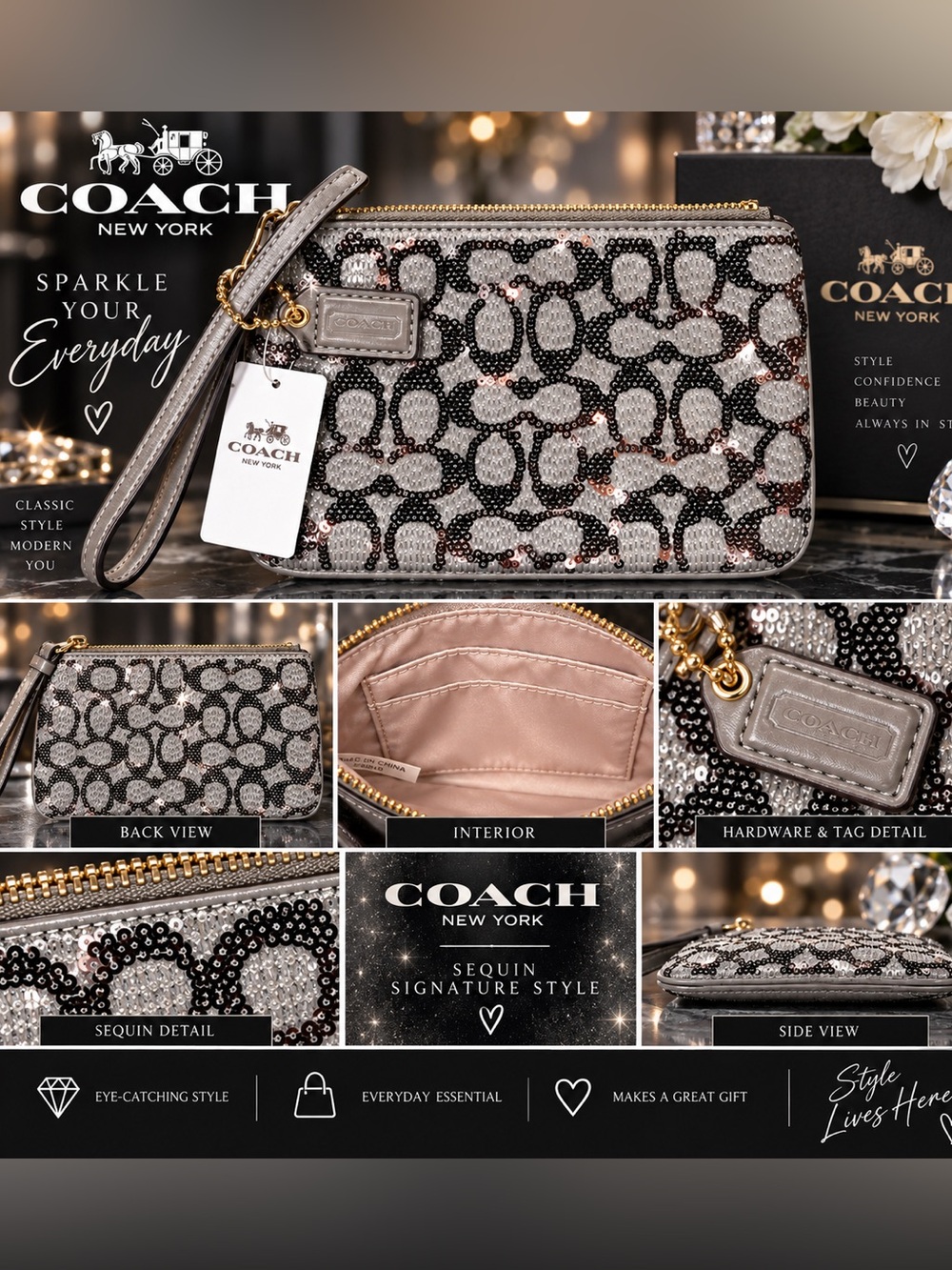 Coach Sequin Signature Wristlet in Silver, Black and Rose Gold